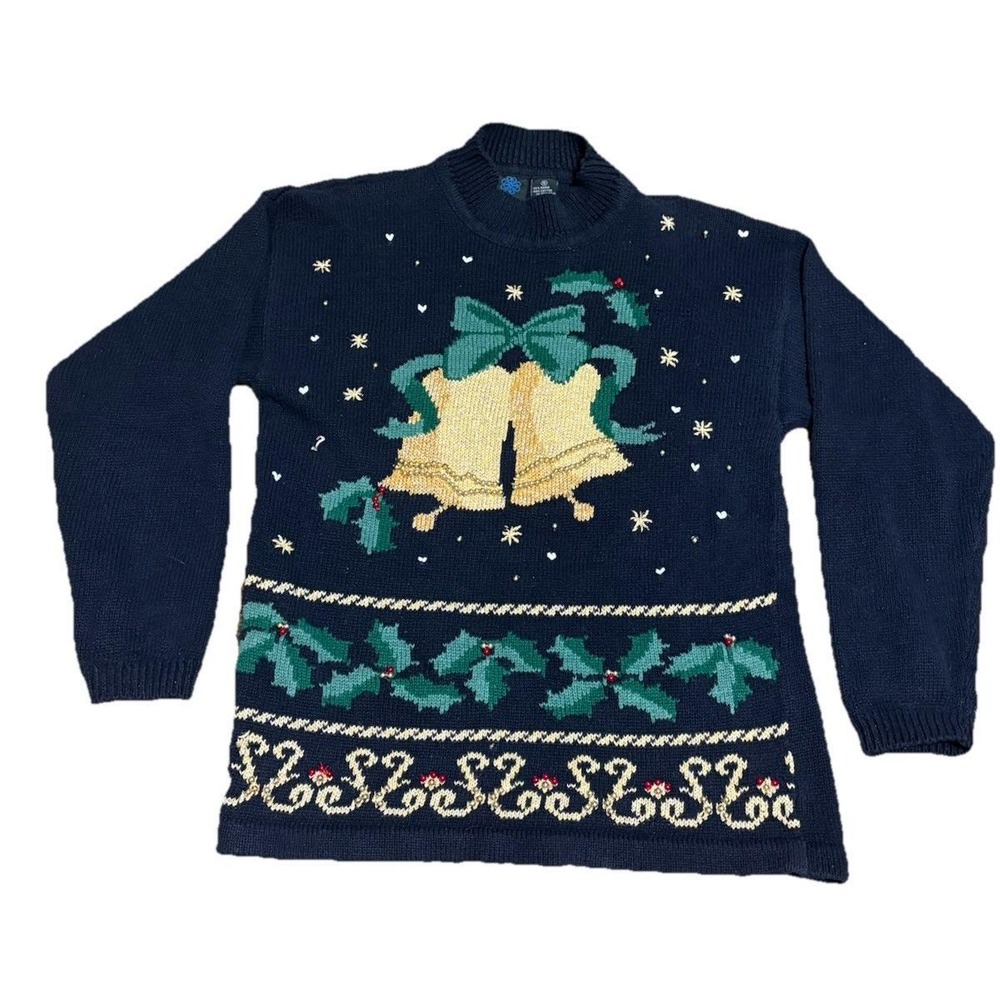 Vintage Beaded Christmas Sweater Bell Holly Bow Black Gold Ugly Sparkly